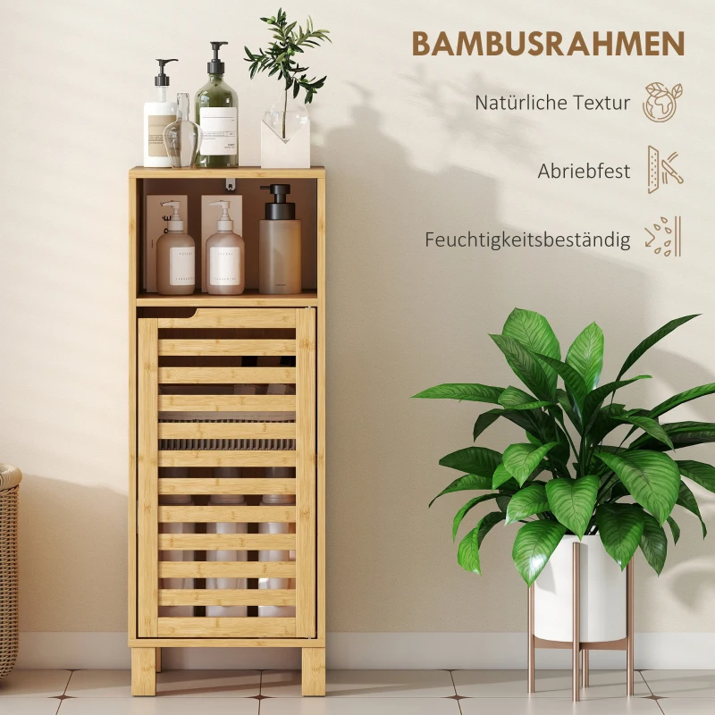 HOMCOM Badezimmerschrank, offenes Regal, Schrank, Bambusholz, Lamellentür, Hellbraun