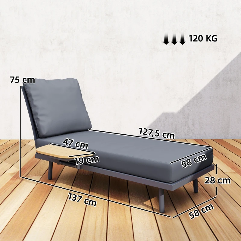 Outsunny Chaise Longue de Jardin avec Coussins Lavables en Oléfine et Étagère Latérale, Cadre en Métal, 58x137x75cm, Gris
