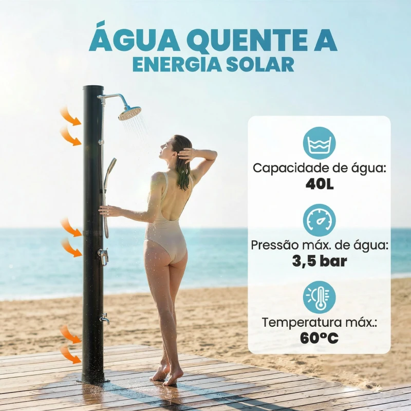 Outsunny Duche Solar de Jardim 40 L com Chuveiro de Mão Torneira para Pés Água Fria e Quente até 60 °C Ligação a Mangueira 19,5x19,5x218,5 cm Preto