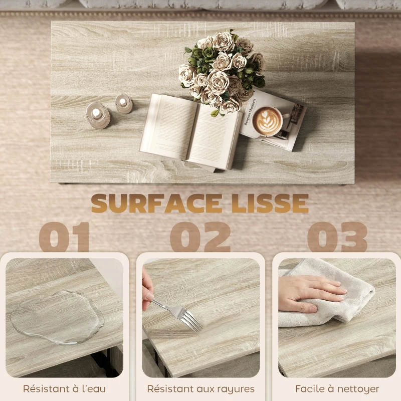 HOMCOM Table basse relevable, table de salon avec compartiment caché et étagères ouvertes, 75 x 40 x 58 cm, bois naturel