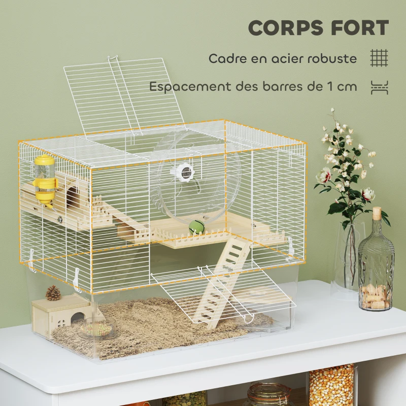 PawHut Cage à hamster à 3 niveaux, cage rongeur avec roue d'exercice, plateau profond transparent, 59 x 35,5 x 47 cm, blanc