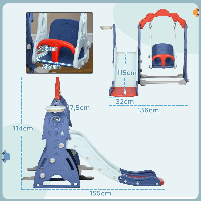 AIYAPLAY Ensemble toboggan et balançoire pour enfants 3 en 1 avec panier de basket, 155L x 136l x 114H cm bleu