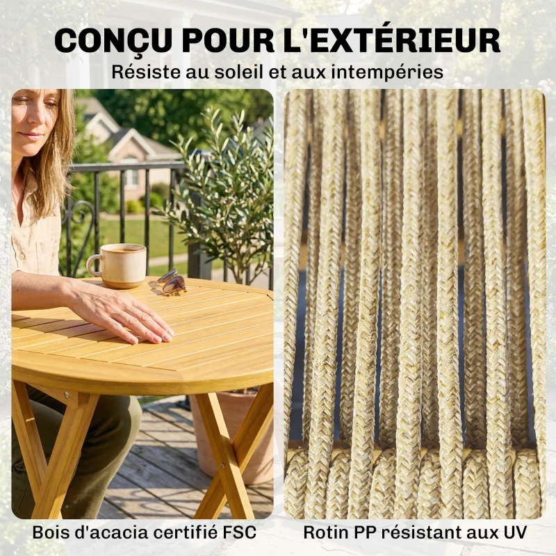 Outsunny Salon de Jardin Ensemble Bistro 3 Pièces Table Ronde et 2 Chaises Pliables Design Boho Bois d'Acacia Cordage PP Naturel