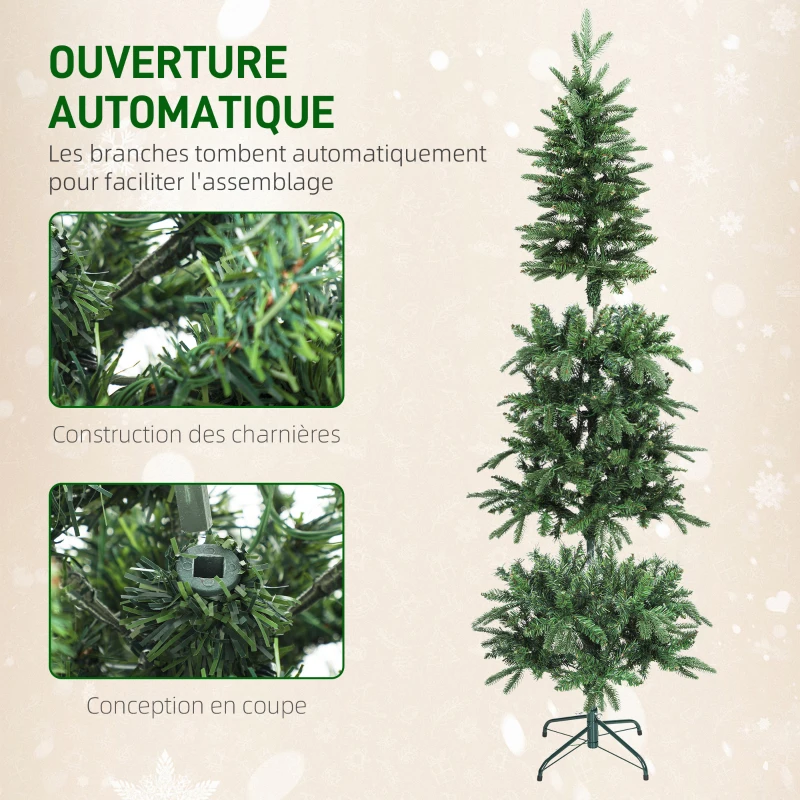 HOMCOM Sapin de Noël artificiel 210 cm, arbre de Noël slim avec 300 lumières 8 modes d'éclairage 826 branches articulées, vert