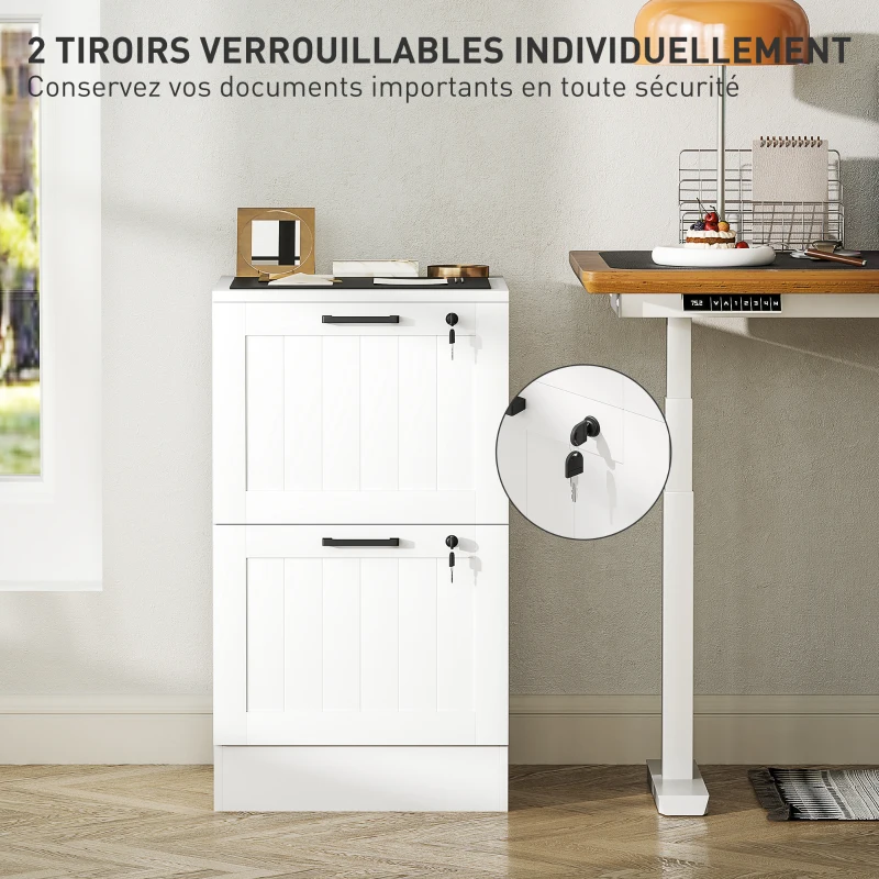 HOMCOM Caisson bureau, meuble rangement bois 2 tiroirs et serrure, barres de suspension réglables, 40 x 40 x 71 cm, blanc
