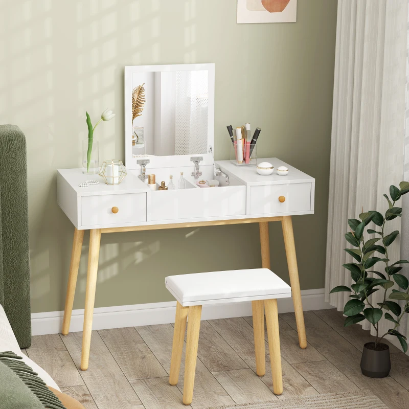 HOMCOM Ensemble de coiffeuse avec tabouret miroir rabattable style scandinave 2 tiroirs 100 x 45 x 118 cm, blanc