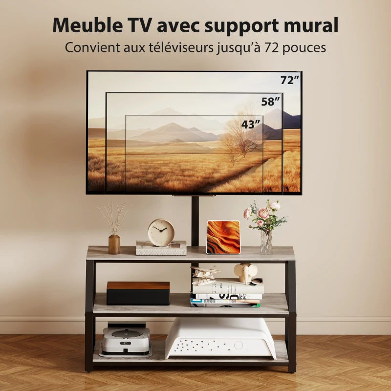 HOMCOM Meuble TV avec support pour téléviseurs jusqu'à 72 pouces, meuble télé avec 2 étagères ouvertes, 110x43x150cm, gris