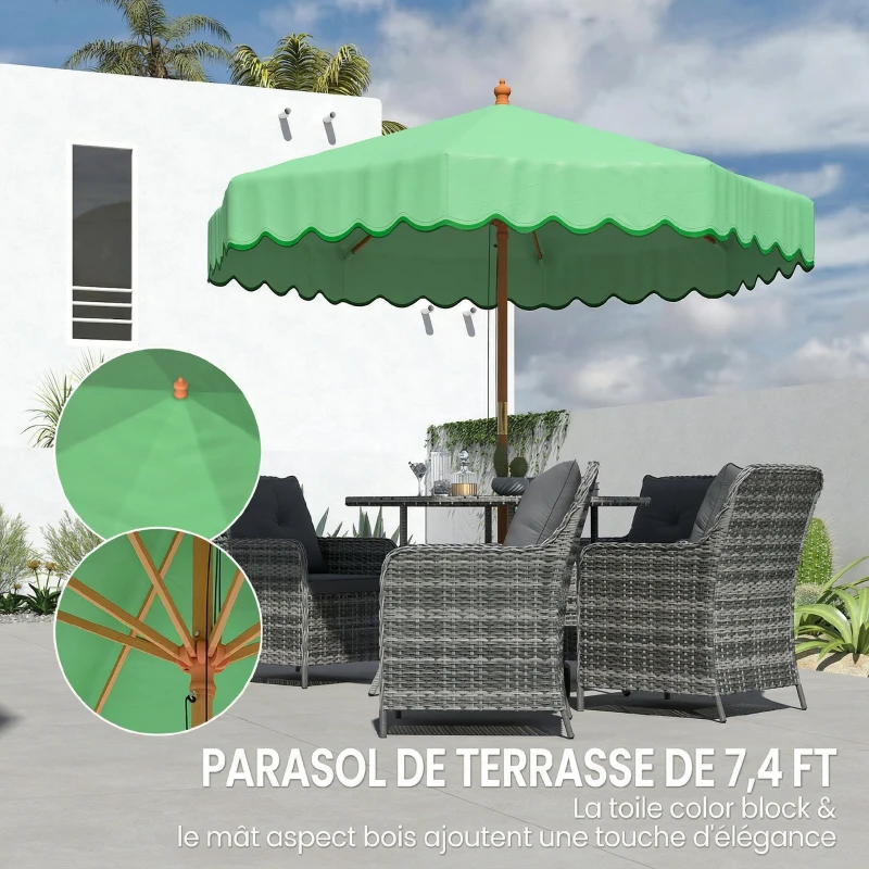 Outsunny Parasol de Jardin Rond avec Volants Rétro Chic Aspect Bois Protection Solaire UV 230cm Vert Clair