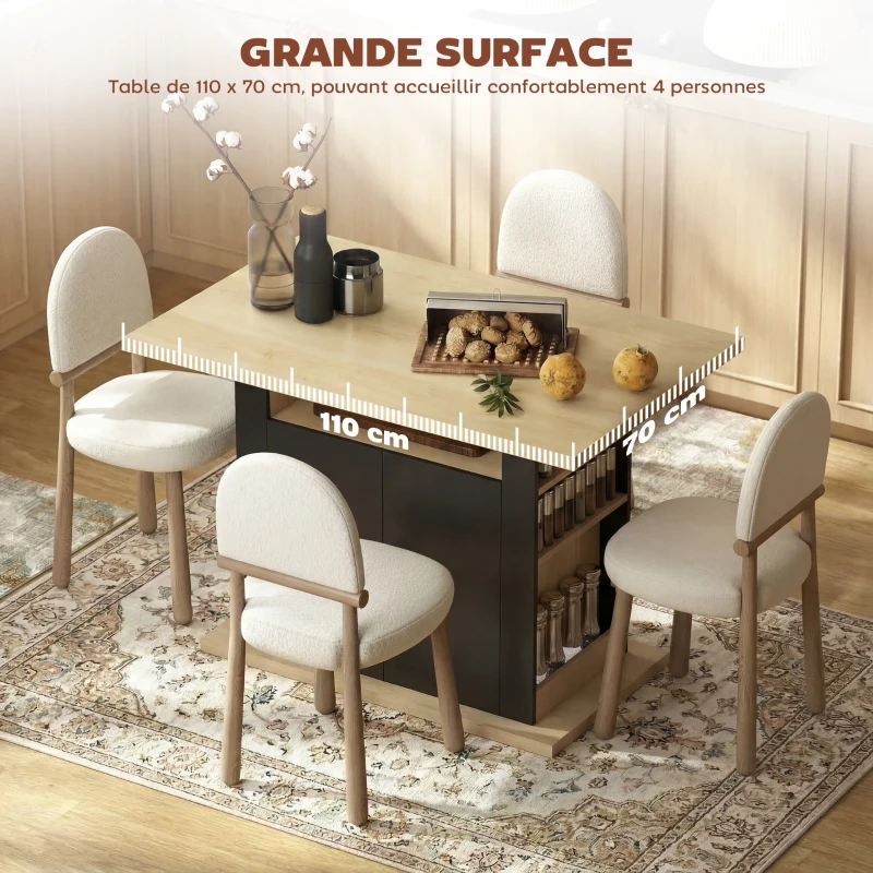HOMCOM Table à manger ilot central cuisine avec grand plan de travail 4 personnes placard 4 portes 110 x 70 x 75,5 cm noir