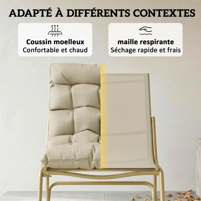 Outsunny Rocking Chair de Jardin Fauteuil à Bascule Coussin Moelleux 125cm Large 64cm en Acier et Textilène Beige et Doré