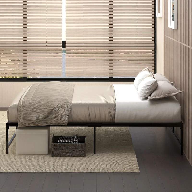 HOMCOM Cadre de lit double 140 x 190 cm, lit double 2 personnes en acier, hauteur 31 cm avec rangement, sommier à lattes, noir