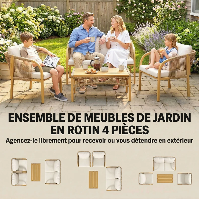 Outsunny Salon de Jardin Extérieur 4 Pièces avec Canapé 2 Fauteuils Table Coussins, Acier Résine Tressée, 120x72x73cm, Kaki