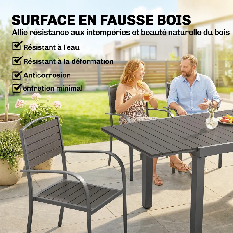 Outsunny Salon de Jardin 8 Personnes Table de Jardin Extensible 150-225cm avec Plateau Polybois et 8 Chaises Aluminium Gris