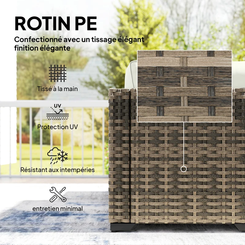 Outsunny Salon de jardin extérieur d'angle 5 places en résine tressée, canapés, repose-pieds, table basse et coussins, crème