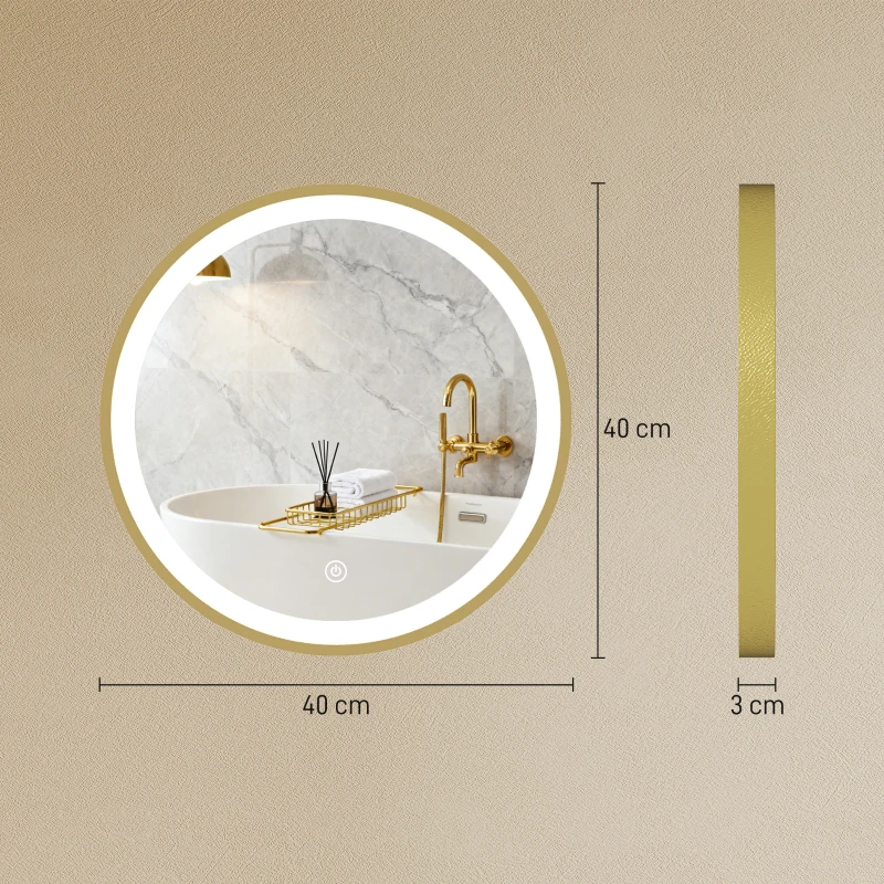 HOMCOM Miroir salle de bain avec éclairage LED rond 40 cm, miroir lumineux mural à 3 températures de couleur, dimmable, doré