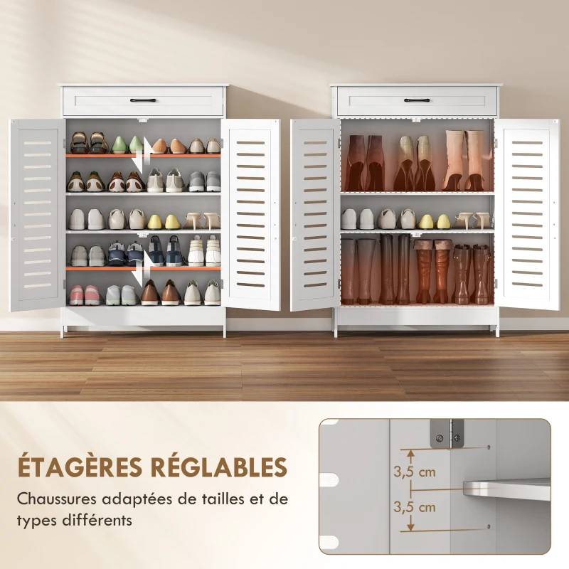 HOMCOM Meuble à chaussures 20 paires, armoire à chaussures avec 2 portes persiennes, tiroir et étagères réglables, blanc