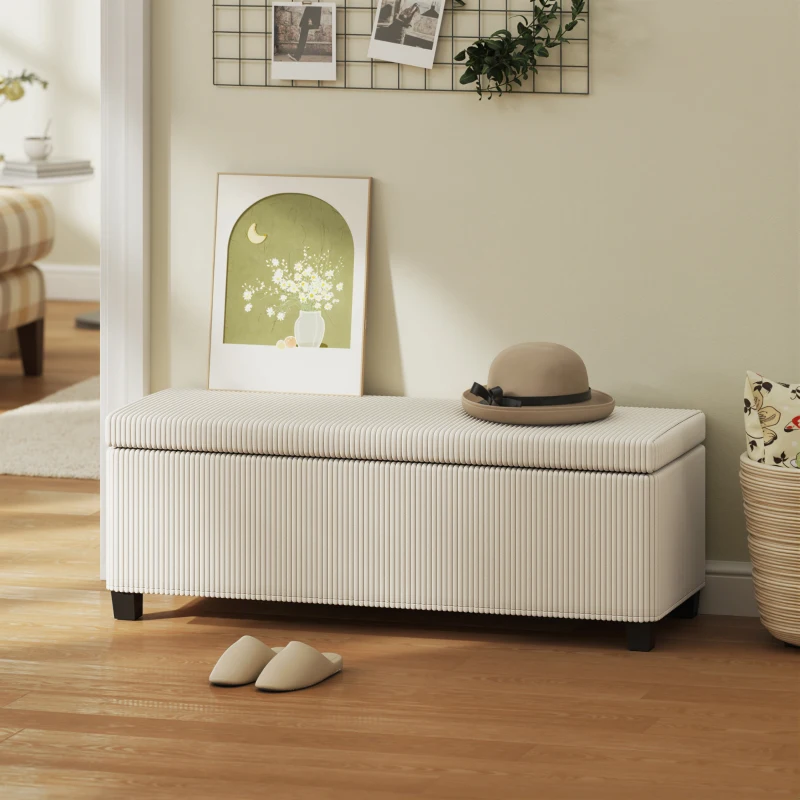 HOMCOM Banc de rangement bout de lit en velours côtelé avec couvercle, pour salon, chambre, entrée, 112 x 42 x 40 cm, beige