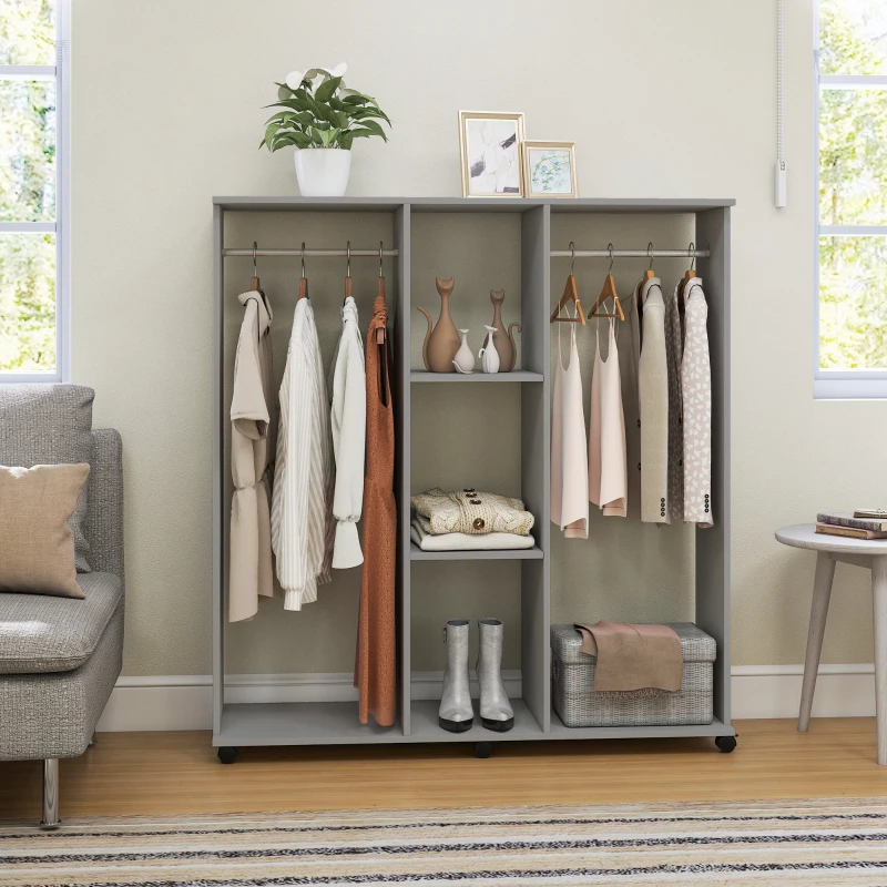 HOMCOM Armoire penderie meuble de rangement mobile 6 roulettes 120 x 40 x 128 cm en bois gris