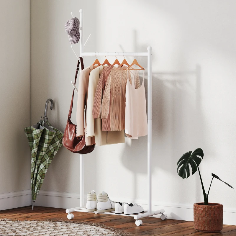 HOMCOM Portant à vêtements, porte-manteau sur roulettes avec étagère à chaussures et 5 crochets, 68 x 43 x 171 cm, blanc