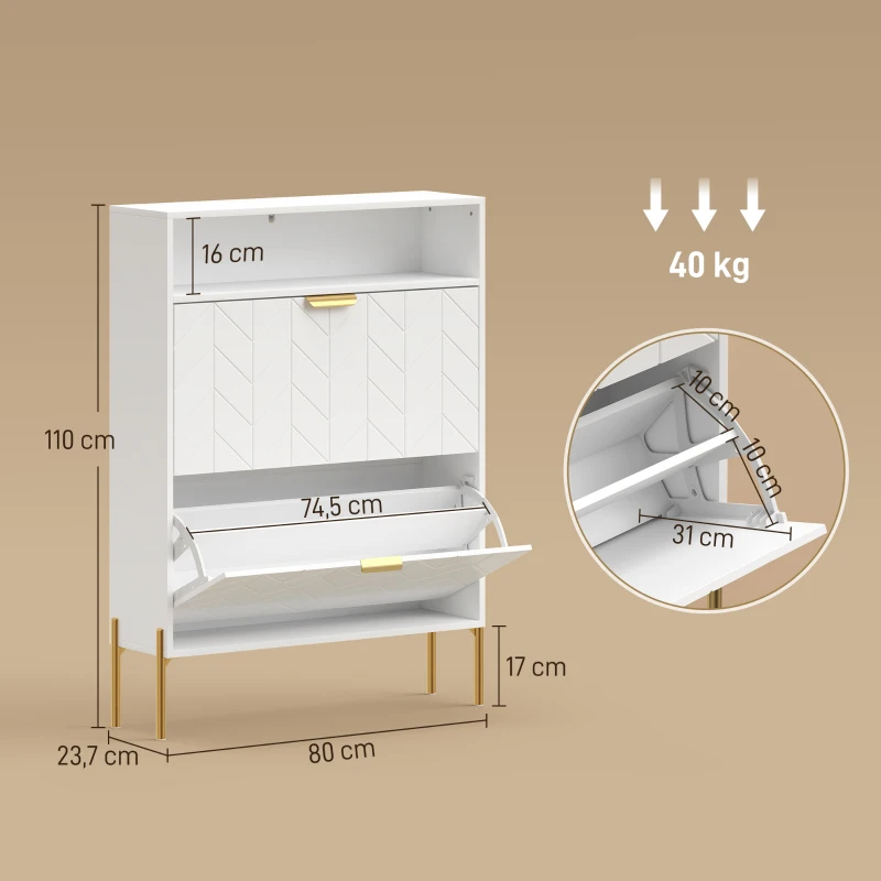 HOMCOM Meuble à chaussures 16 paires, armoire à chaussures étroite avec 2 tiroirs rabattables, compartiment ouvert, blanc