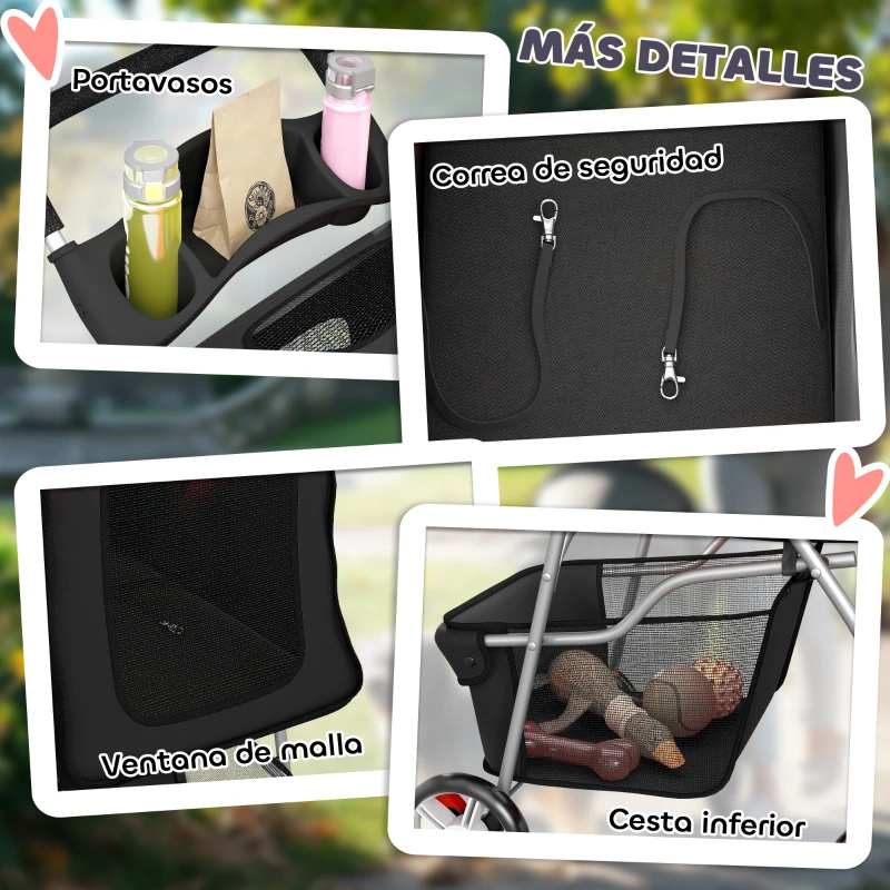PawHut Carrito para Perros Pequeños con Cesta de Almacenaje Portavasos Ruedas y Cojín Lavable 77x44x102 cm Negro
