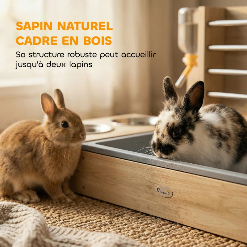 PawHut Râtelier à Foin en Bois pour Lapin Mangeoire Lapin 3 en 1 avec Bac à Litière et Bouteille d'Eau 58x40x32cm Bois Naturel