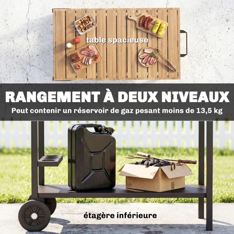 Outsunny Desserte jardin, chariot de barbecue sur roulettes avec porte-boissons et crochets, 97 x 51 x 83 cm, noir et marron