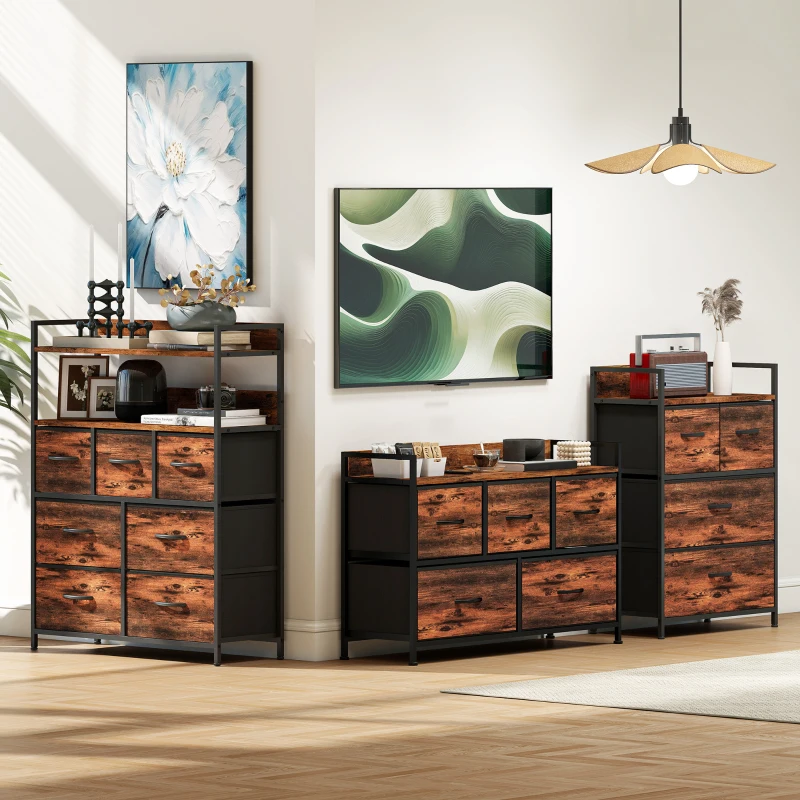 HOMCOM Commode, meuble de rangement avec 5 tiroirs en tissu pliables, plateau et cadre en acier, 98 x 29 x 63 cm, brun rustique