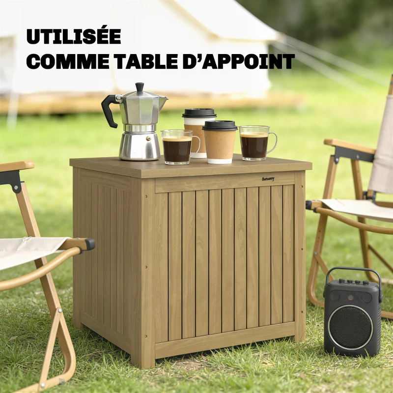 Outsunny Coffre de Rangement Boîte de Jardin 130L Doublure Amovible pour Coussins et Outils Bois Massif Brun