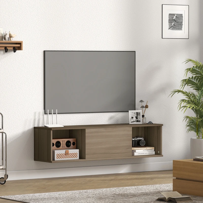 HOMCOM Meuble TV suspendu, Armoire murale avec 2 compartiments ouverts et porte rabattable, 120 x 30 x 29,5 cm, marron