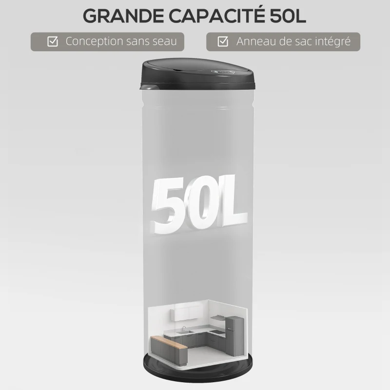 HOMCOM Poubelle cuisine automatique 50L acier inoxydable, poubelle à couvercle à fermeture en douceur, 30,5x30,5x85cm, noir