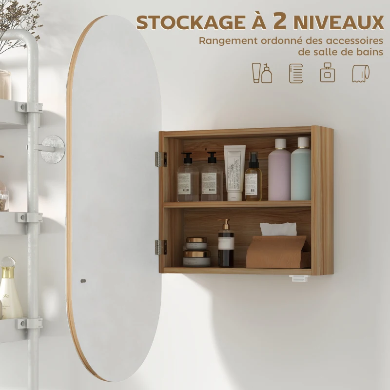 HOMCOM Armoire murale salle de bain avec miroir ovale 45 x 90 cm moderne sans cadre bois naturel
