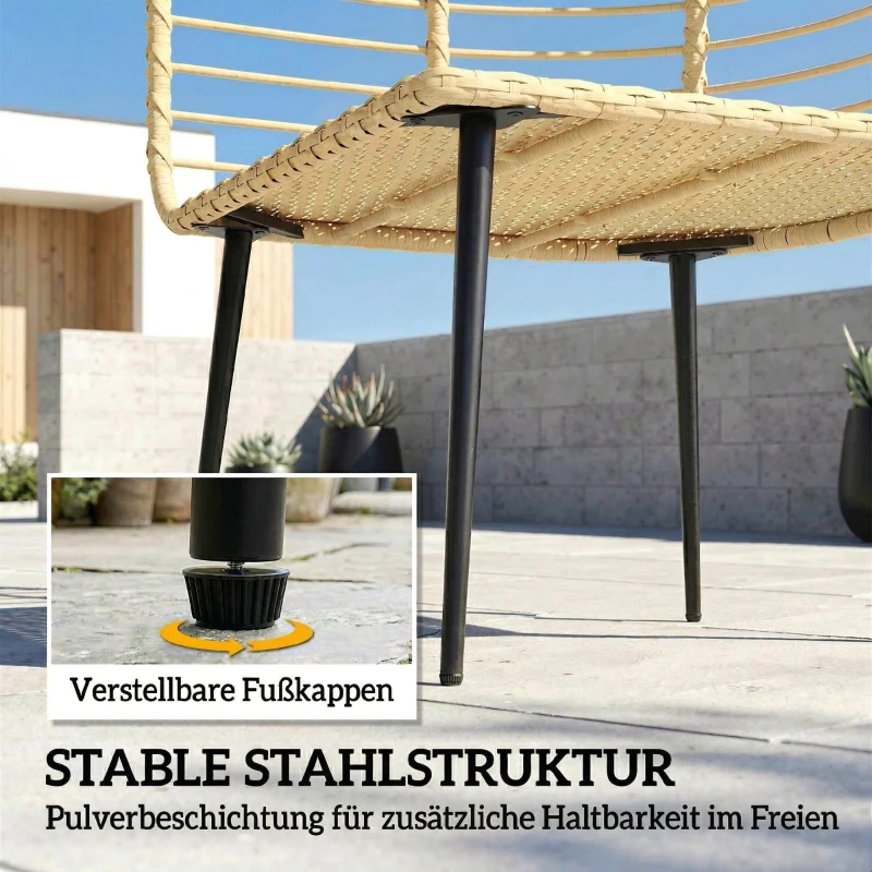 Outsunny Gartensessel mit Hocker PE Rattan Ei-Form Korbsessel mit langen & dicken Kissen Metallrahmen Beige