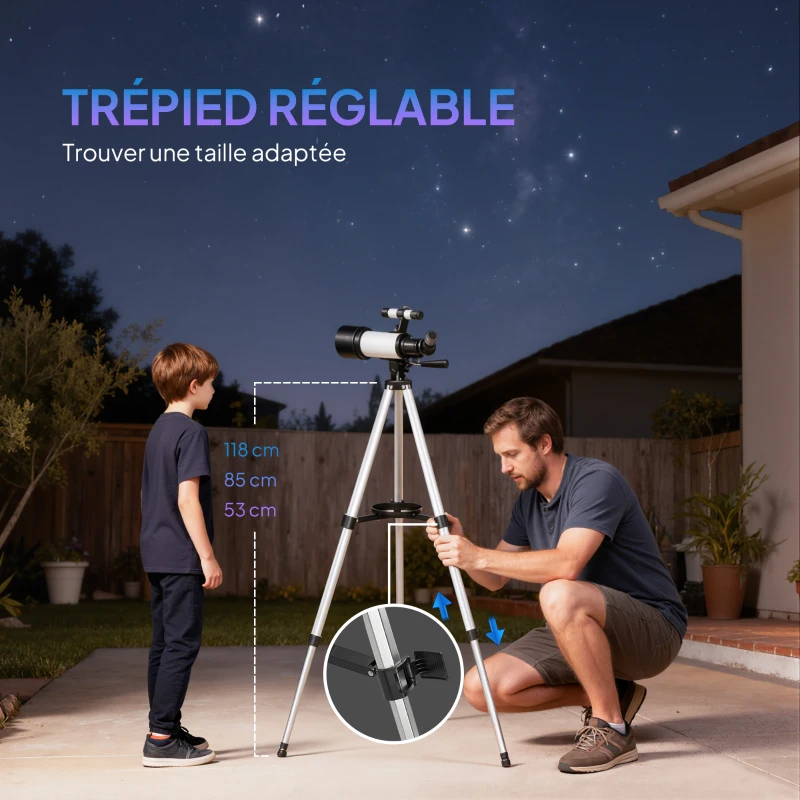 Outsunny Télescope astronomique adultes et débutants 70 mm, télescope réfracteur 40X/16X trépied réglable, 80 x 80 x 135 cm blanc