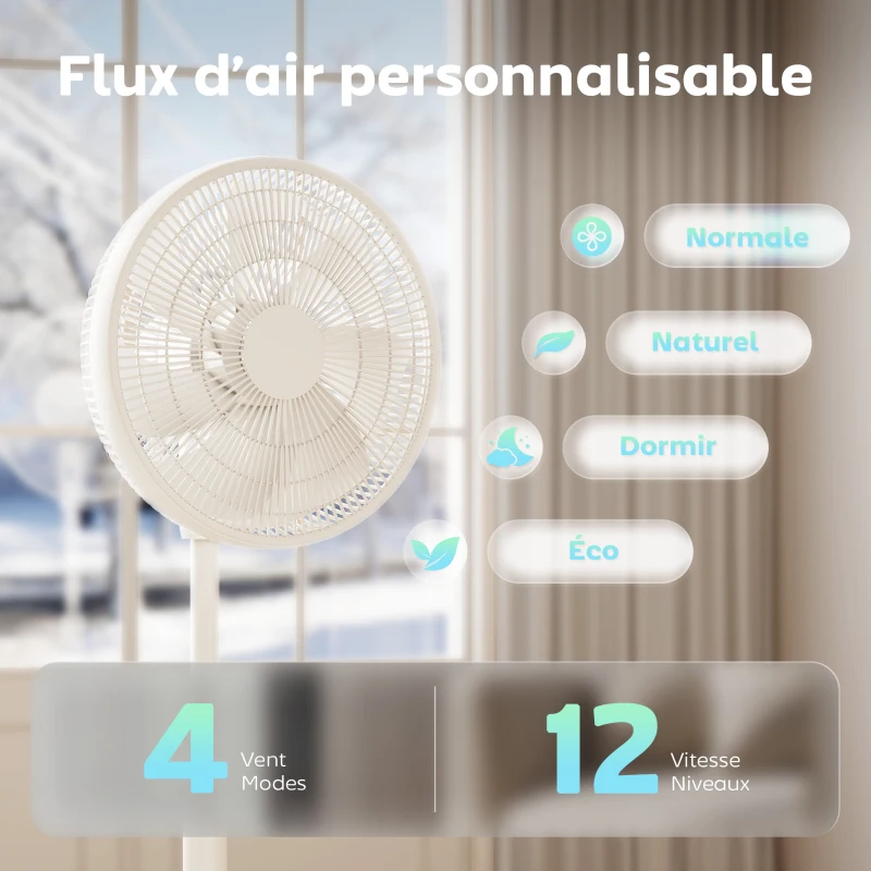 HOMCOM Ventilateur sur pied, ventilateur 39 cm avec 12 vitesses, 4 modes, minuterie 9H, oscillant 120°, hauteur réglable, blanc