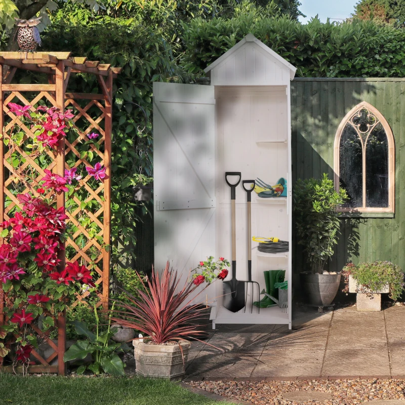 Outsunny Armoire abri de Jardin Remise pour Outils 3 étagères Porte loquet Toit Pente bitumé 68L x 65l x 214H cm pin Massif traité Blanc