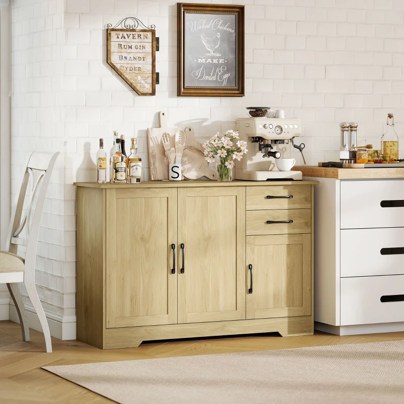HOMCOM Buffet, meuble de rangement avec 3 portes, 2 tiroirs et étagère réglable, 120 x 38 x 79 cm, bois naturel