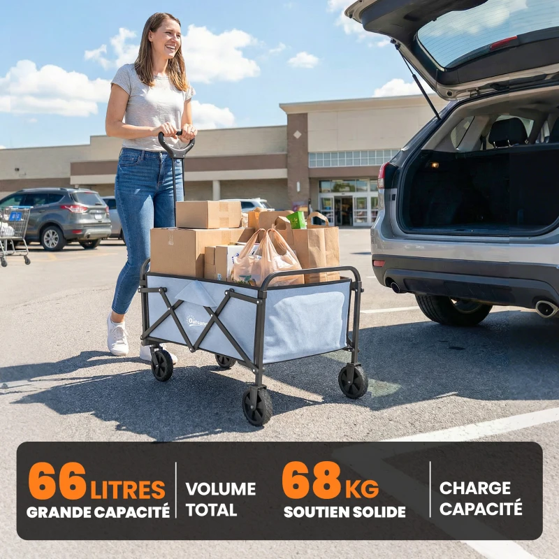 Outsunny Chariot de Jardin Charrette de Transport Pliable Tout-Terrain 66L Charge 68kg Poignée Réglable 81 x 45 x 89 cm Gris