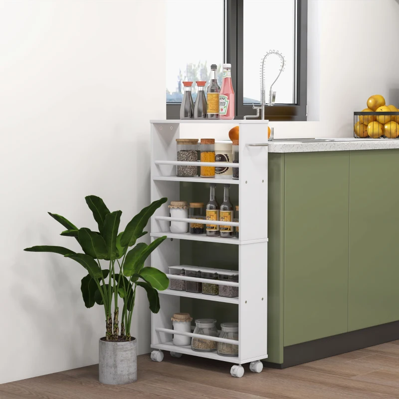 HOMCOM Chariot de rangement à 4 niveaux, desserte à roulettes avec poignées, desserte étroite, 45 x 15 x 91 cm, blanc(m-10)