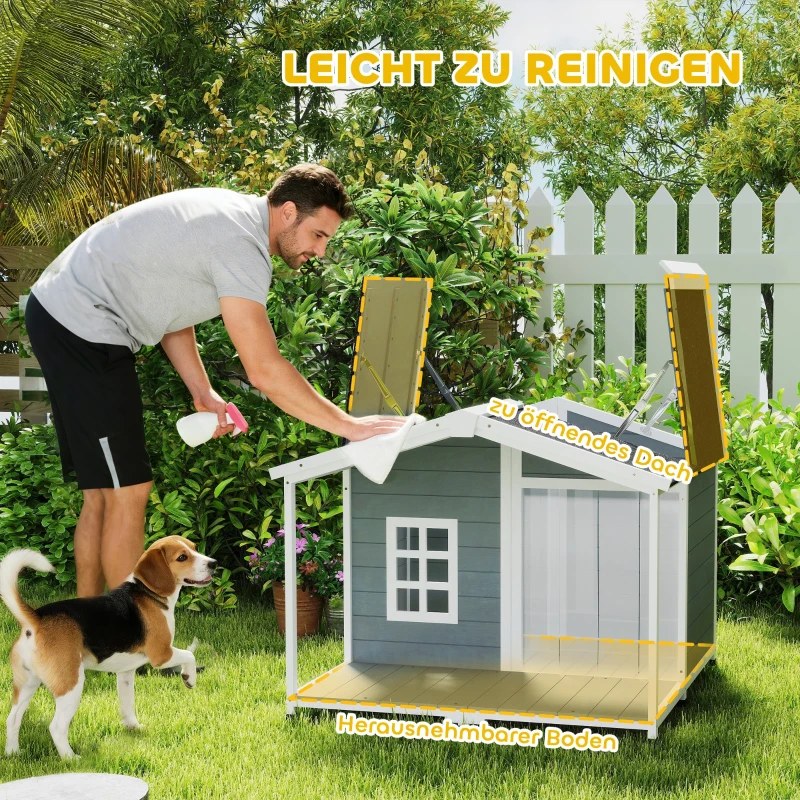 PawHut Hundehütte wetterfestes Erhöhtes Hundehaus aus Holz mit Asphaltdach, Terrasse, für mittelgroße Hunde 103x107x83,5cm Grau