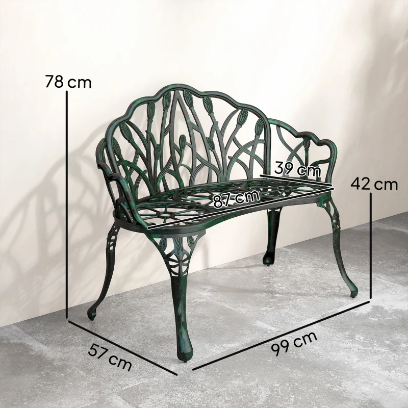Outsunny Banc de jardin en aluminium moulé, banc extérieur 2 places avec dossier tulipe, assise florale, 99x57x78cm, vert antique