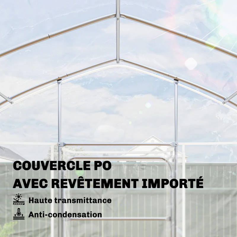 Outsunny Serre Tunnel de Jardin 12m² Film PO Anti-goutte Acier Galvanisé 25mm Structure Renforcée 2 Portes Battantes Transparent