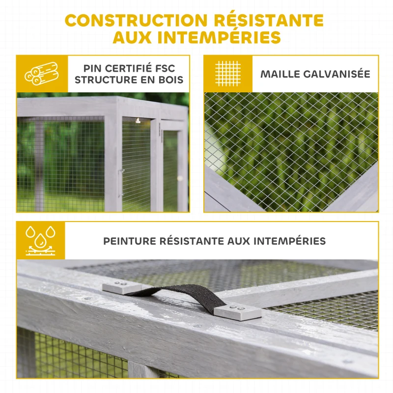 PawHut Clapier Lapin Extérieur Enclos Lapin Pliable en Bois Toit Ouvrant et Poignée pour Poule Canard 110x105x50cm Gris