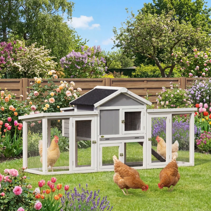 PawHut Poulailler clapier modèle chalet multi-équipé : rampes, nichoirs, plateau, en bois massif 204 x 85 x 93 cm gris