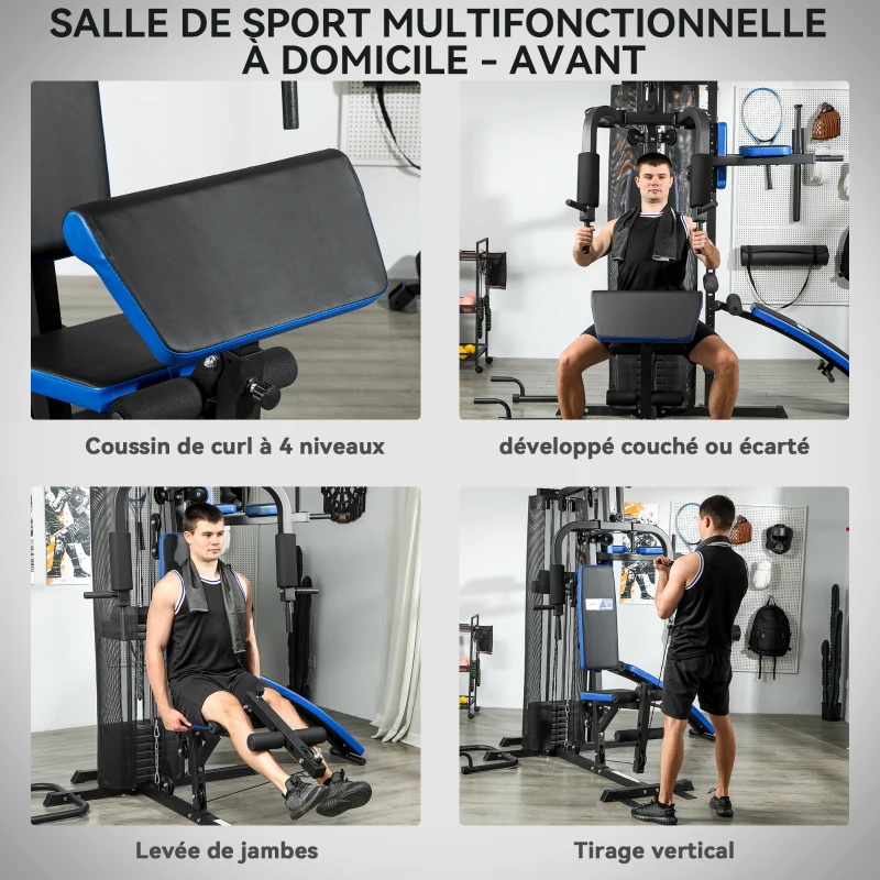 SPORTNOW Station de Musculation avec Pile de Poids de 65 kg, Équipement de Gym à Domicile avec Banc pour Abdominaux, Noir et Bleu