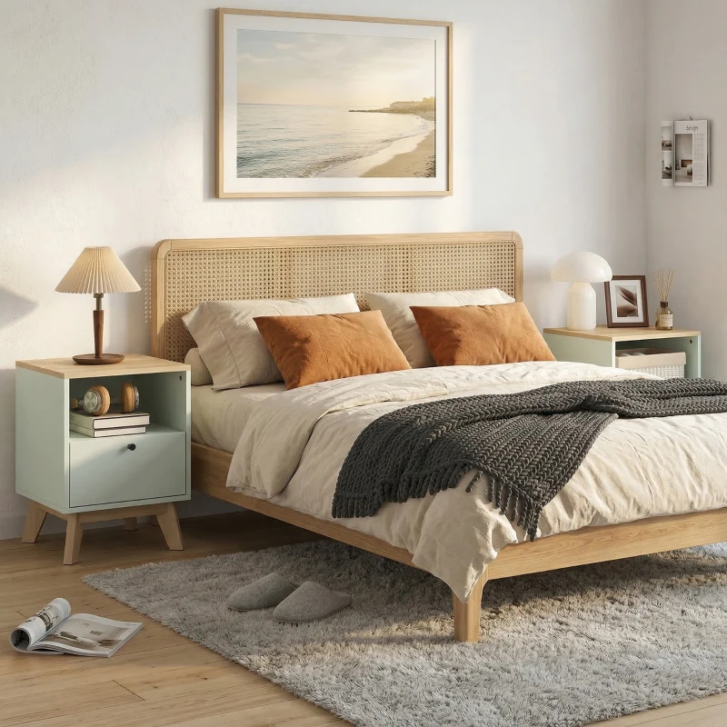 HOMCOM 2er-Set Nachttische, Nachttische mit Schublade und offenem Fach, 40 x 40 x 55 cm, Eiche und Hellgrün