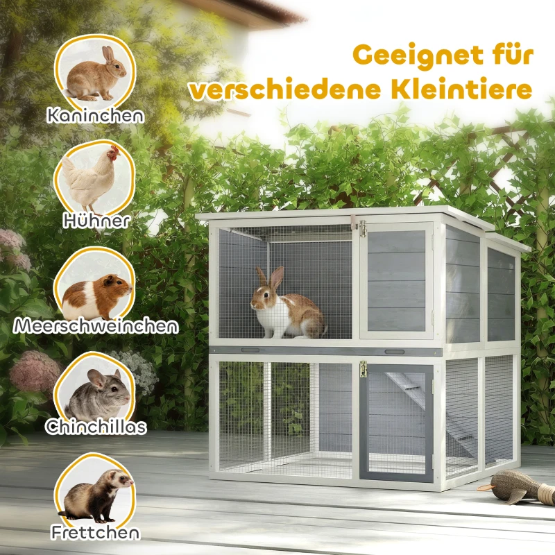 PawHut Hasenstall 2 Etagen Kaninchenstall aus Holz mit wetterfest aufklappbar Dach, Freilaufgehege, Rampe, 98x95x102,5 cm Grau