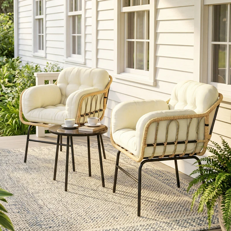 Outsunny 3‑teiliges Gartenmöbel-Set aus Polyrattan, Tisch aus Sicherheitsglas, 2 Sessel mit Kissen, 62x73x79 cm, Khaki