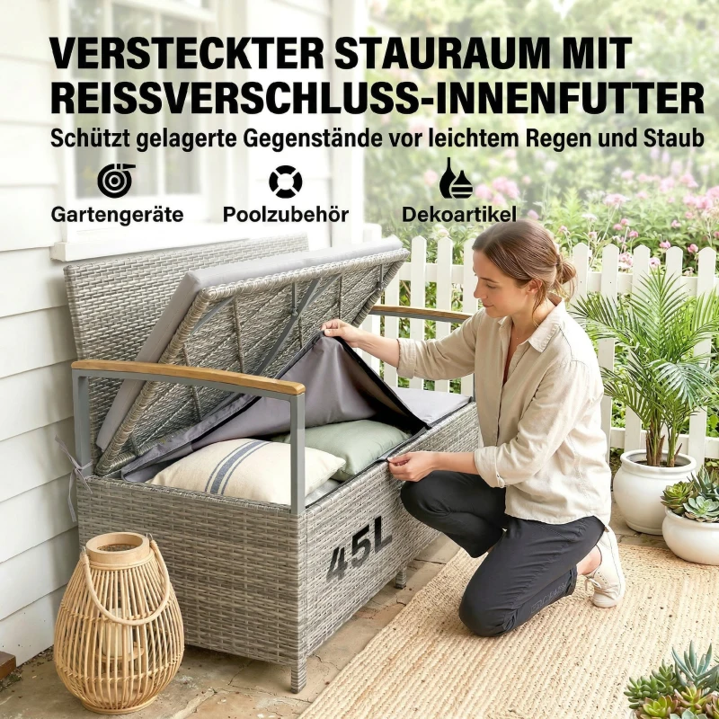 Outsunny Gartenbank Polyrattan 170L 2-Sitzer Sitzbank mit Stauraum abnehmbar Kissen Reißverschluss-Innenauskleidung Holz-Armlehne