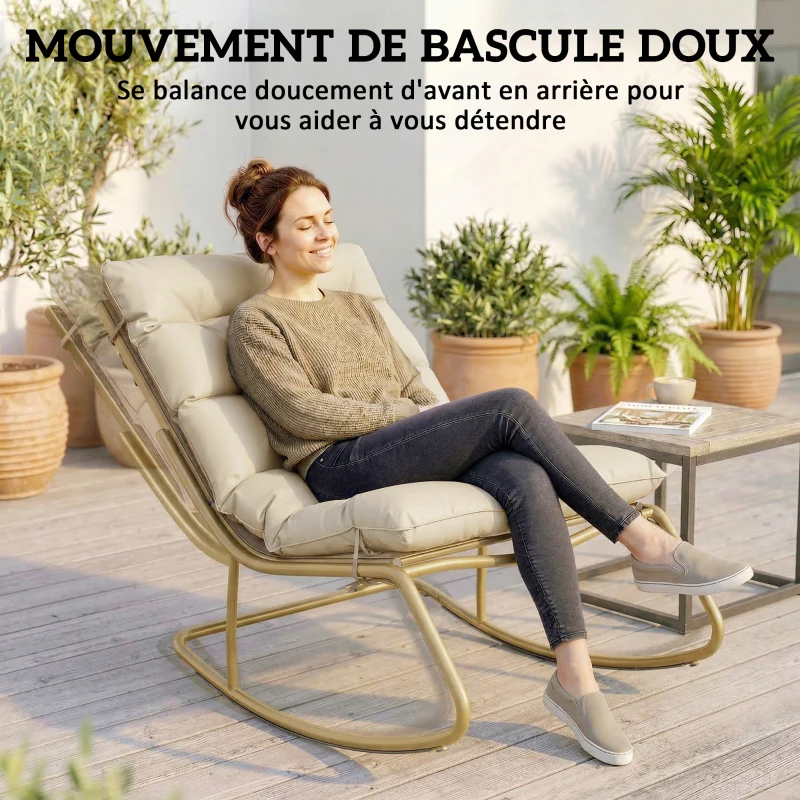 Outsunny Rocking Chair de Jardin Fauteuil à Bascule Coussin Moelleux 125cm Large 64cm en Acier et Textilène Beige et Doré